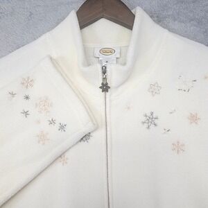 Talbots Fleece Jacket Women's XL Ivory Embroidered Snowflake Winter Zip Up‎